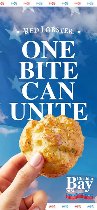 A hand holding a cheddar bay biscuit over a background of clouds and the United States flag. Text reads One Bite Can Unite