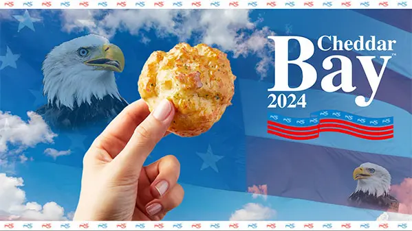 A hand holding a cheddar bay biscuit over a background of clouds, the United States flag, and two eagles